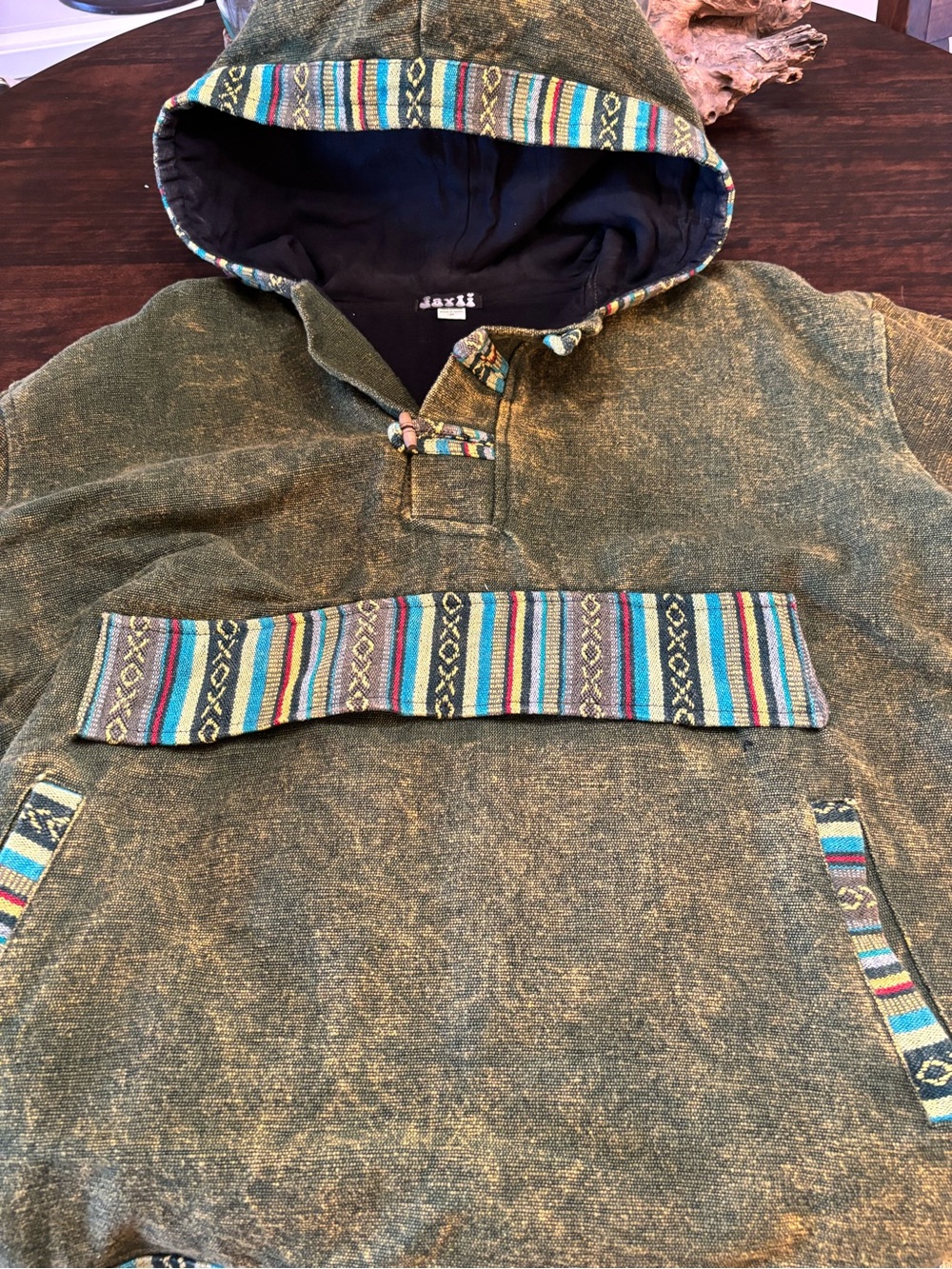 Jayli Olive Green Hooded Pullover with Multicolor Tribal Trim